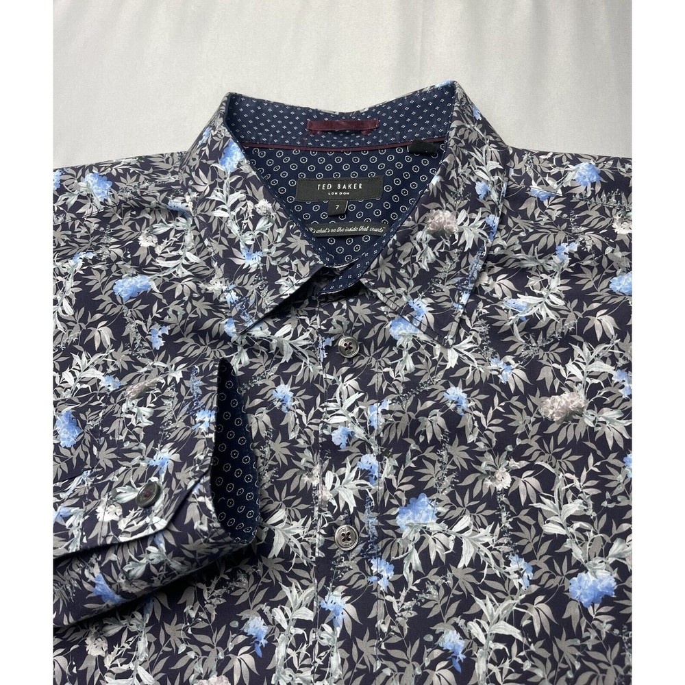 Ted Baker London Floral Print Button Up Long Sleeve Shirt 3XL Navy Sz 7